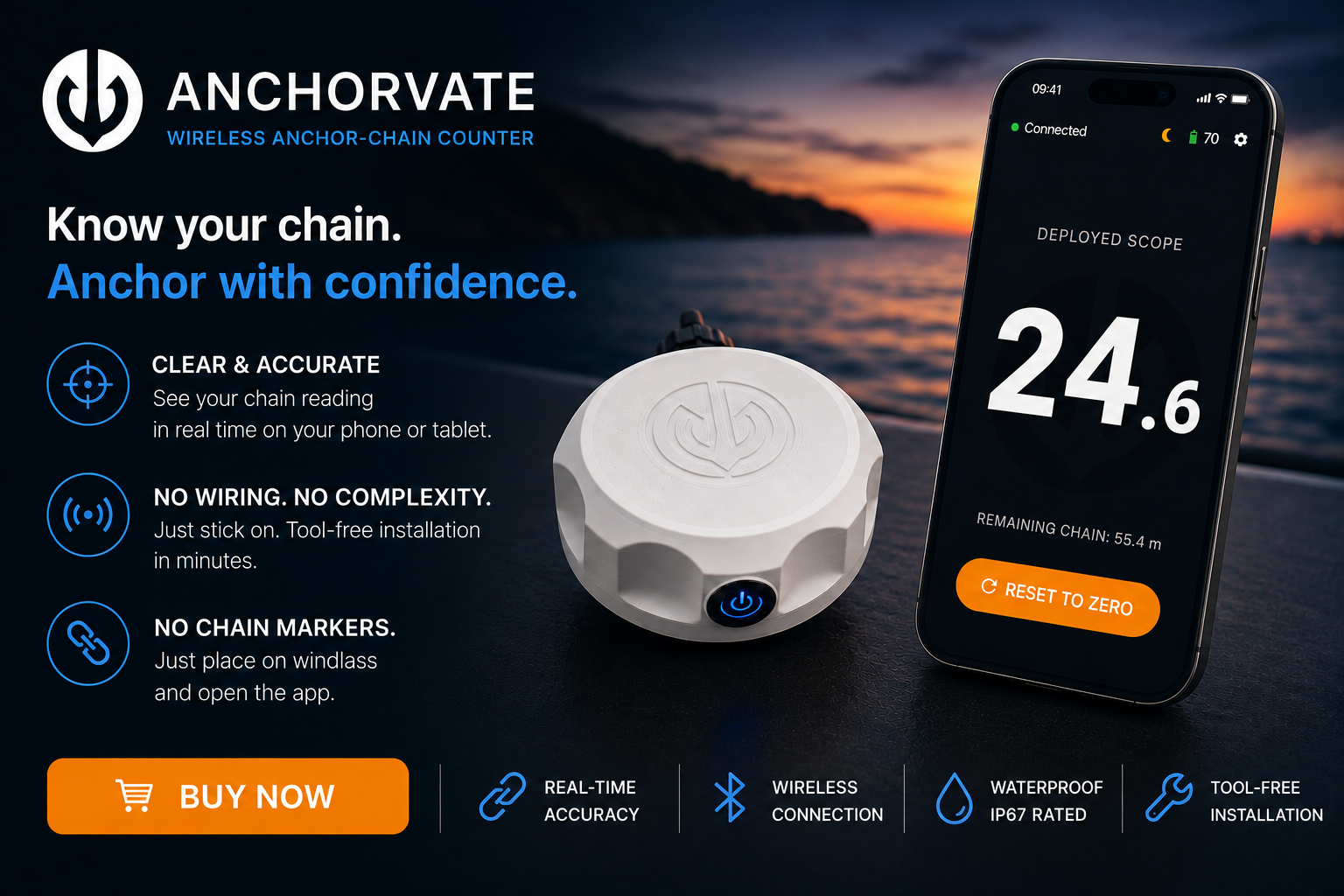 AnchorVate wireless anchor-chain counter with mobile app
