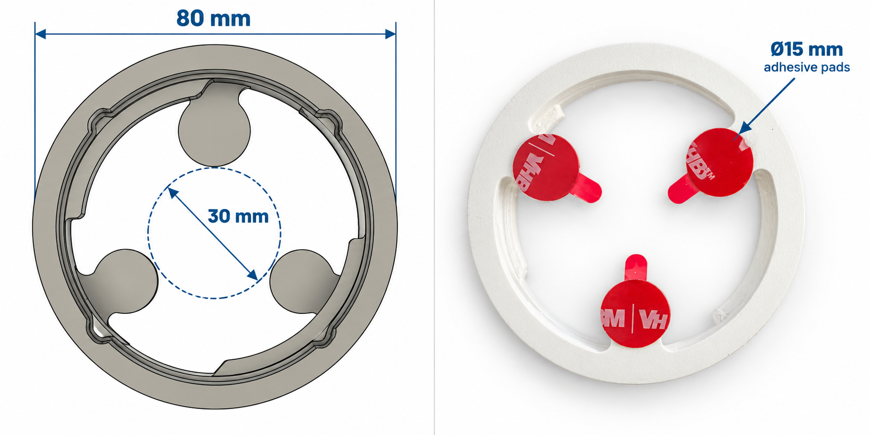 AnchorVate mounting dimensions showing 80 mm overall diameter, 30 mm central clearance and three 15 mm adhesive mounting pads